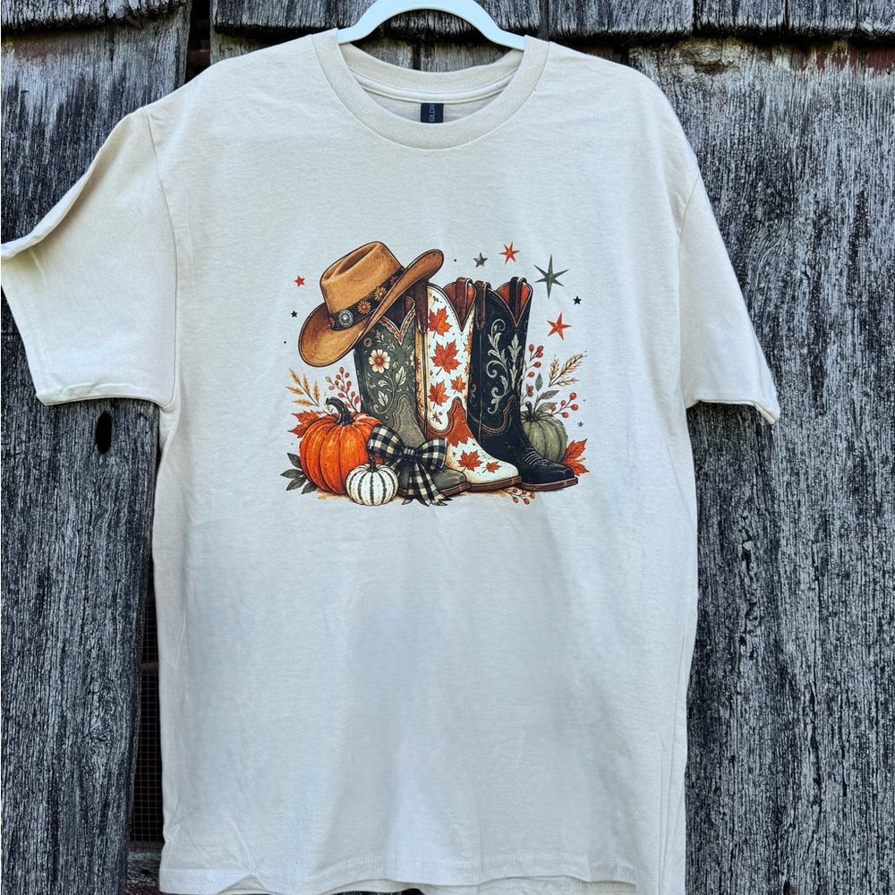 New Gildan Cowboy Boot & Pumpkin Graphic Tee Shirt color sand